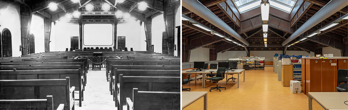 Foto antiga: Sala amb una pantalla al fons i bancs disposats a banda i banda d’un passadís central. Foto actual: Espai d’oficina. Foto antiga: Sala amb una pantalla al fons i bancs disposats a banda i banda d’un passadís central. Foto actual: Espai d’oficina.