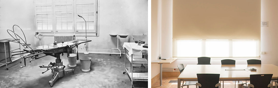 Foto antiga: Sala equipada amb material quirúrgic i amb taula d’operacions. Foto actual: Sala de reunions. Foto antiga: Sala equipada amb material quirúrgic i amb taula d’operacions. Foto actual: Sala de reunions.