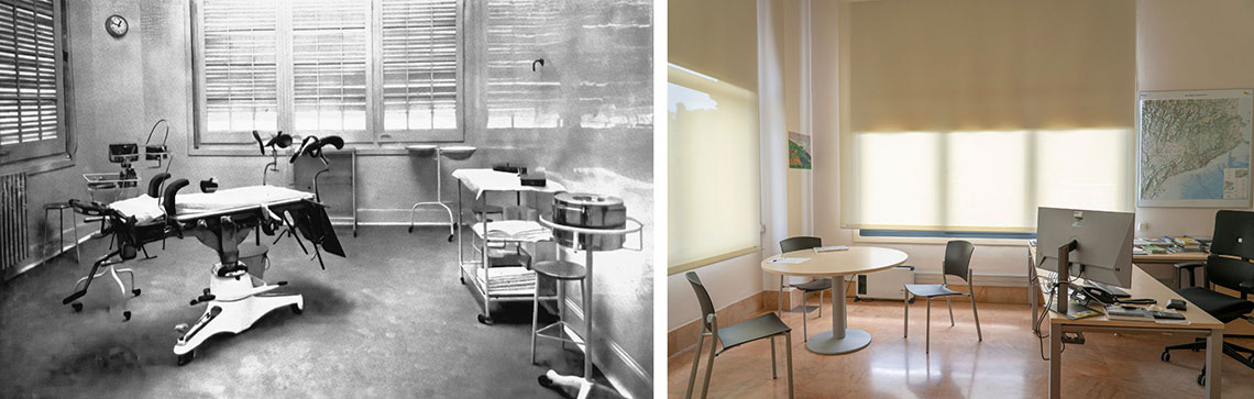 Foto antiga: Sala equipada amb material quirúrgic i amb taula d’operacions. Foto actual: Espai d’oficina. Foto antiga: Sala equipada amb material quirúrgic i amb taula d’operacions. Foto actual: Espai d’oficina.