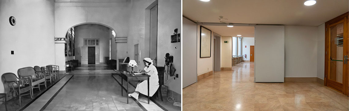 Foto antiga: Passadís ample, amb cadires i una infermera asseguda davant d’una taula. Foto actual: Passadís ample que connecta àrees de treball. Foto antiga: Passadís ample, amb cadires i una infermera asseguda davant d’una taula. Foto actual: Passadís ample que connecta àrees de treball.
