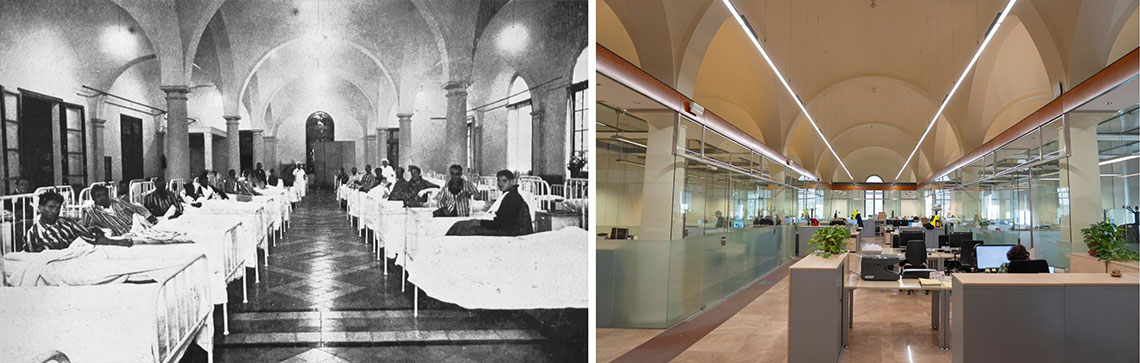 Foto antiga: Sala amb columnes i voltes amb llits disposats a banda i banda de les columnes, amb malalts mirant cap a la càmera. Foto actual: Espai d’oficina. Foto antiga: Sala amb columnes i voltes amb llits disposats a banda i banda de les columnes, amb malalts mirant cap a la càmera. Foto actual: Espai d’oficina.