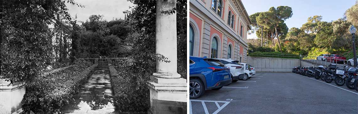 Foto antiga: Espai exterior que s’inicia entre dues columnes, amb un passadís central i, a banda i banda, parterres enjardinats. Foto actual: Espai d’aparcament amb cotxes i motos al costat de l’edifici.