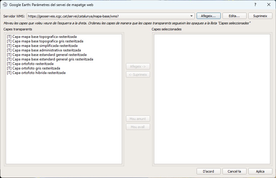 L'opció "Accepta" mostra la llista de capes disponibles