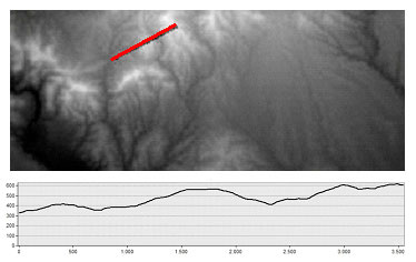 Perfil topogràfic: a) model digital d'elevacions ràster i línia del perfil topogràfic; b) perfil topogràfic d'escales iguals.
