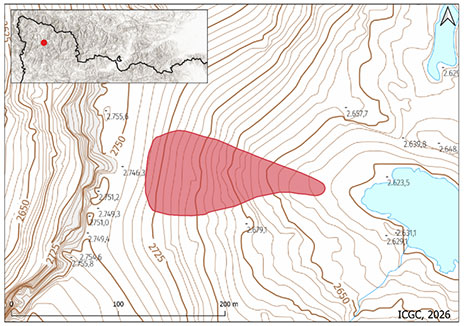 Figura 1. Mapa amb la cartografia de l’allau accidental en color coral