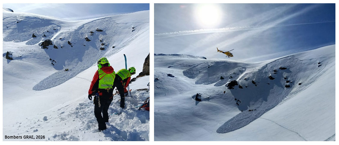 Equips d’emergència duent a terme les tasques de rescat i l’helicòpter per l’evacuació dels accidentats. Font: Bombers GRAE.