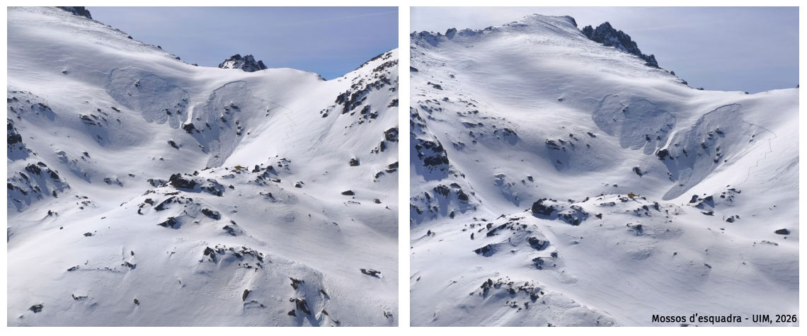 Vista general de la zona de l’accident, l’allau de major mida és la que va provocar l’accident i les de mida més reduïda són les que es desencadenen per simpatia. Font: Mossos d’Esquadra-UIM.