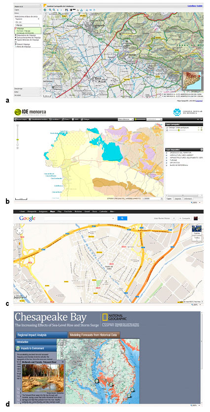 Exemples de cartografia web. a) Cartografia topogràfica i localitzador de topònims de l'Institut Cartogràfic de Catalunya. b) Mapa d'unitats geològiques de la Infraestructura de Dades Espacials de Menorca. c) Mapa de carrers de Google Maps. d) Mapa interactiu d'impactes ambientals de Chesapeake Bay de National Geographic.