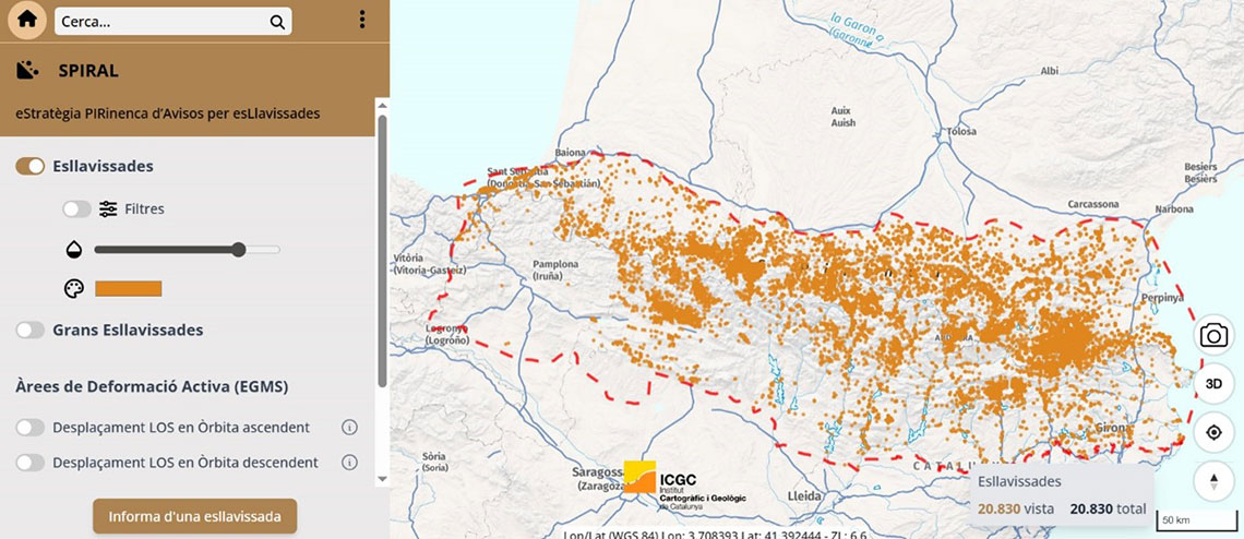 Map from the ICGC SPIRAL viewer with thousands of orange dots marking landslides detected in the Pyrenees, and a side panel with the available layers and filters.