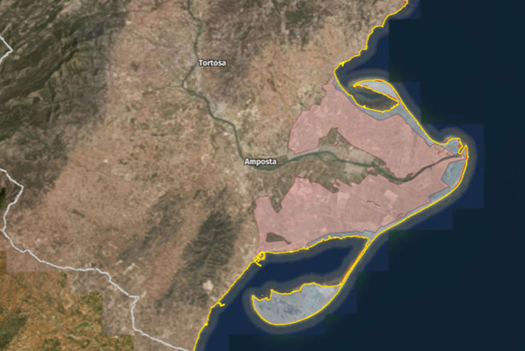 Mapa del Visor d'Impacte dels Temporals que mostra el Delta de l'Ebre, amb el contorn ressaltat en groc i vermell indicant les zones afectades per l'acció del mar.
