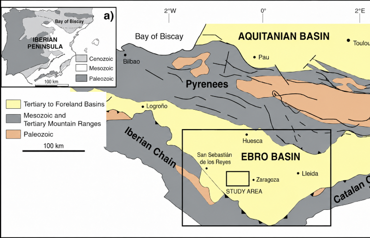 Mapa geològic de la conca de l’Ebre, perfil sísmic de l’estructura de Lopín i sis mapes que mostren l’extensió del CO₂ injectat al llarg del temps.