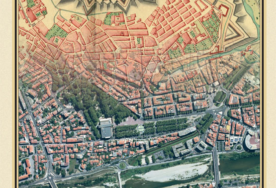 Mapa d'una vila de la Catalunya Nord. Transició mapa de Pennier de 1719 i una ortoimatge de 2015
