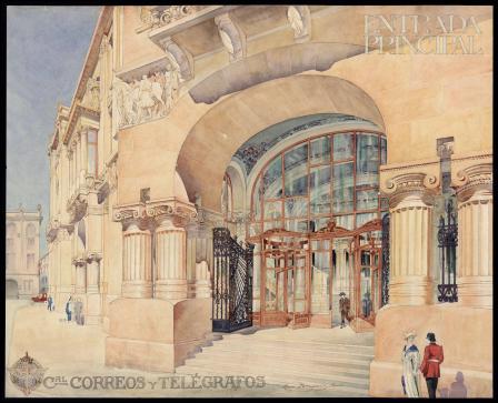 Cal Correos y Telégrafos: entrada principal [Concurs per a l'edifici central de correus i telègrafs a Barcelona. Perspectiva de l'entrada principal]