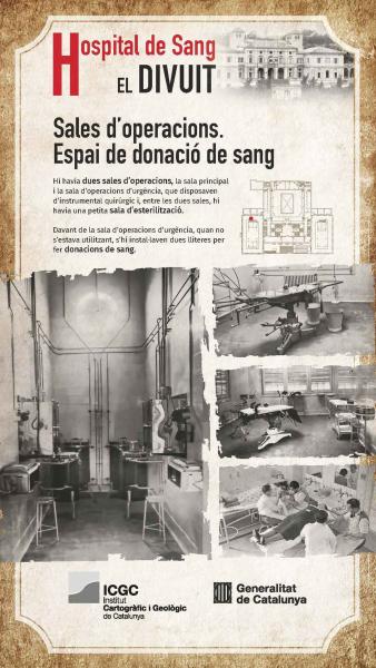 Plafó de l’exposició dedicat a les dues sales d’operacions, la sala d’esterilització i l’espai de donació de sang (feu clic per veure'l més gran)
