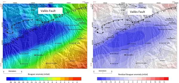 Dos mapes d’anomalies gravimètriques de la zona de la falla del Vallès, sobre un fons topogràfic d’ombrejat del relleu. A: anomalia de Bouguer (de −26 a +6 mGal). B: anomalia de Bouguer residual (de −14 a +14 mGal), amb una zona al·longada d’anomalia baixa centrada prop de Granollers. Ambdós mostren el traçat de la falla del Vallès i les poblacions principals, amb una barra d’escala de 5 km.