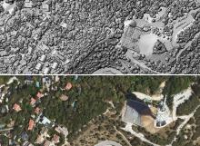 Comparació entre un MDS LiDAR i una ortofoto del mateix sector de Collserola, mostrant la vegetació, el relleu i les edificacions
