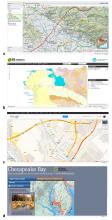 Exemples de cartografia web. a) Cartografia topogràfica i localitzador de topònims de l'Institut Cartogràfic de Catalunya. b) Mapa d'unitats geològiques de la Infraestructura de Dades Espacials de Menorca. c) Mapa de carrers de Google Maps. d) Mapa interactiu d'impactes ambientals de Chesapeake Bay de National Geographic.
