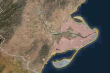 Mapa del Visor d'Impacte dels Temporals que mostra el Delta de l'Ebre, amb el contorn ressaltat en groc i vermell indicant les zones afectades per l'acció del mar.