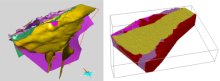 Imatges de la construcció d’un model geològic 3D. A l’esquerra, model preliminar amb superfícies geològiques representades en diferents colors i un cos principal groc que defineix l’estructura del subsòl dins l’àrea d’estudi. A la dreta, model geològic final obtingut després de la inversió geofísica, que mostra diversos volums geològics tridimensionals diferenciats per colors dins d’un marc rectangular transparent.