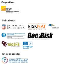 Logos de les entitats que organitzen (ICGC) i col·laboren (Universitat de Barcelona - RISKNAT - Geomodels; Universitat Politèncica de Catalunya - GeoRisk; Geoparc Origens - UNESCO)