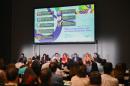 Group of the round table speakers and moderators, seated in front of a panel of the Esri España 2026 Conference.